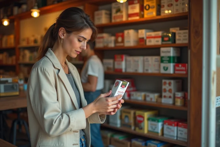 Femme lisant l'étiquette d'une cartouche de cigarettes dans un bureau de tabac espagnol, réglementation achat tabac Espagne