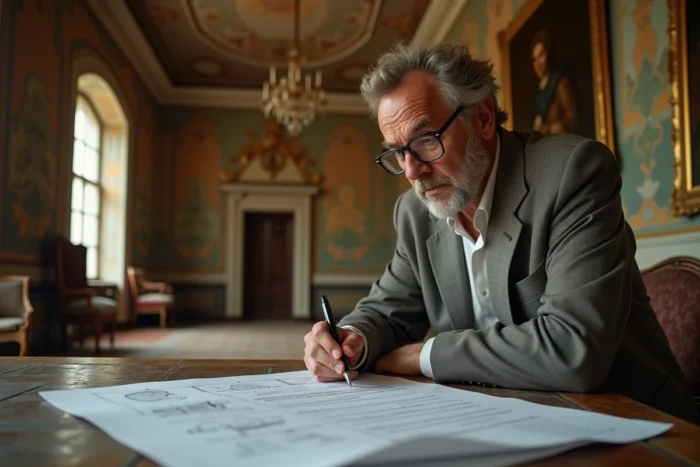 Homme examinant des documents officiels et contrats lors de l'achat d'un château à prix symbolique en France