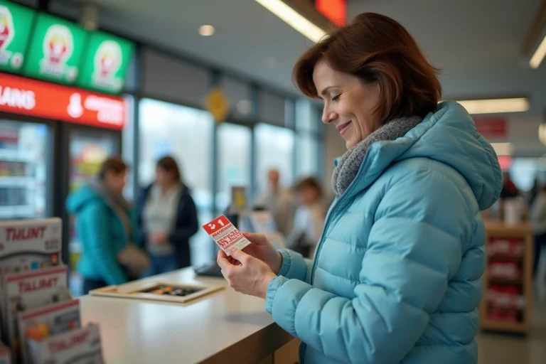 Femme achetant une vignette autoroutière suisse dans un relais de service en France