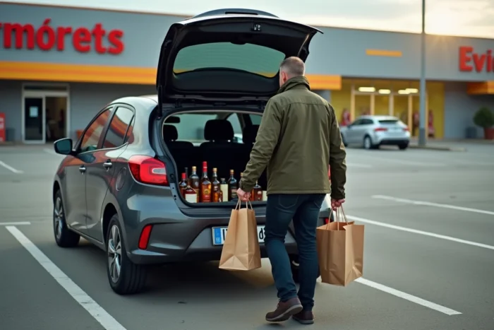 Homme chargeant des bouteilles de whisky achetées moins cher en Espagne dans le coffre de sa voiture