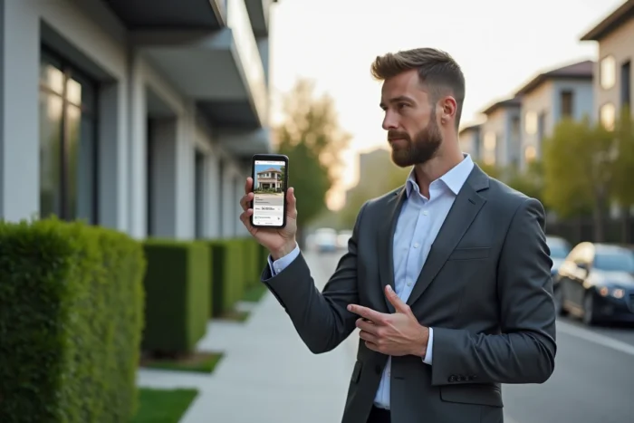 Agent immobilier professionnel présentant une annonce sur smartphone devant un immeuble résidentiel moderne
