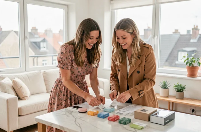 Deux amies découvrant des nouveautés et promotions lors d'un déballage de produits tendance dans un appartement lumineux