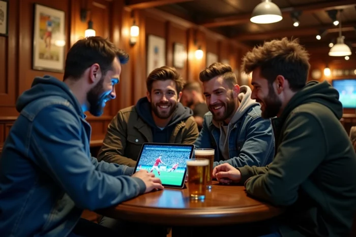 Groupe d'amis regardant un match de rugby en streaming sur tablette dans un bar sportif