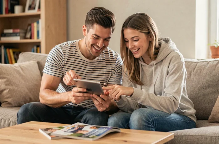 Deux amis regardant ensemble une tablette affichant une application de rencontre sur un canapé dans un salon cosy
