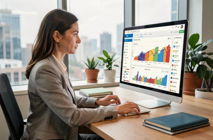 Femme professionnelle analysant des données de référencement SEO sur un écran d'ordinateur dans un bureau moderne