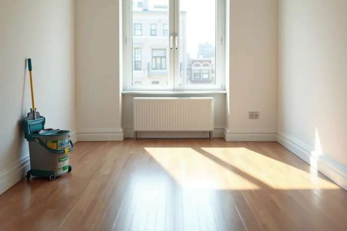 Appartement vide et propre avec matériel de nettoyage professionnel disposé dans le salon après une prestation de nettoyage