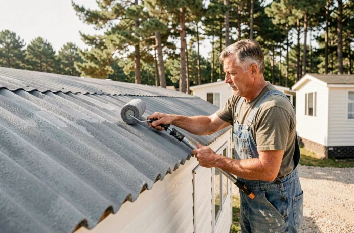 Homme appliquant de la peinture grise sur la toiture d'un mobil home avec un rouleau à extension dans un camping résidentiel