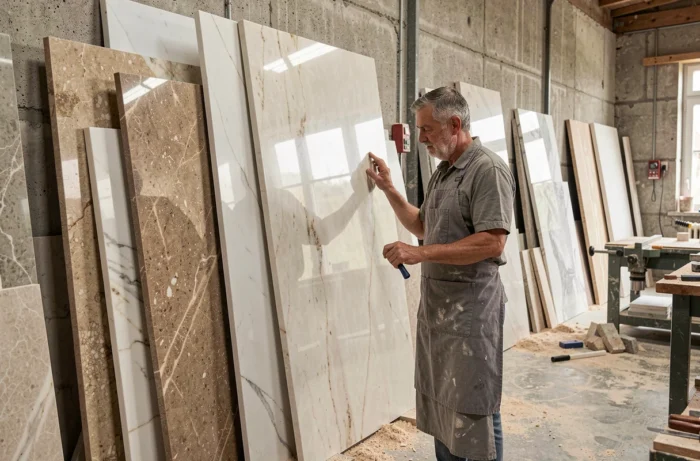 Artisan marbrier examinant des dalles de marbre galala dans un atelier près de Vannes