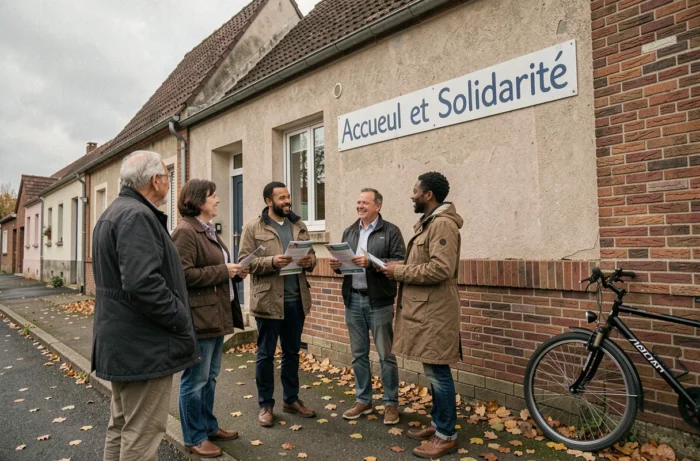 Groupe de bénévoles et personnes sans-papiers devant une association d'aide aux migrants dans un quartier urbain