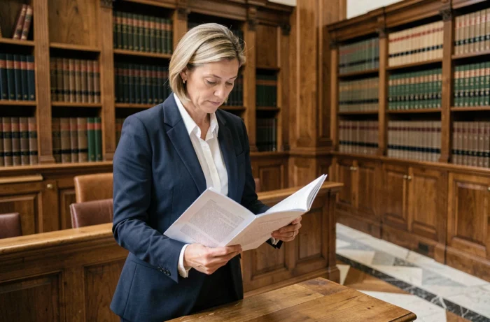 Avocate en costume marine examinant un document juridique dans une salle d'audience française illustrant l'article 46 du Code de procédure civile