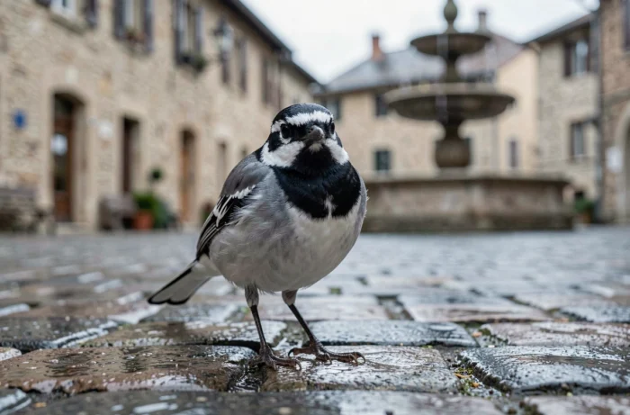 Bergeronnette grise et blanche debout sur des pavés mouillés dans une place de village européen