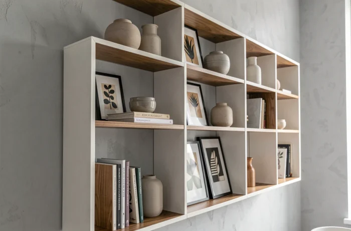 Biblioteca modulare di design in bianco lucido e noce naturale stile Roche Bobois con oggetti decorativi su muro grigio