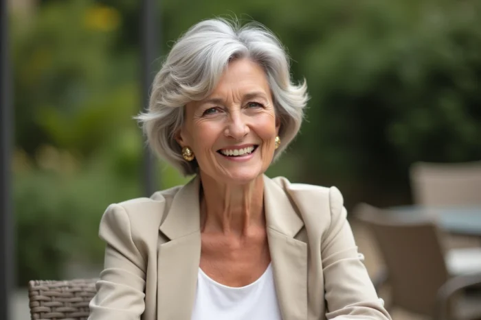 Femme de 70 ans avec une coupe bixie aux couches volumineuses sur le dessus, alliant pixie et bob avec du mouvement naturel