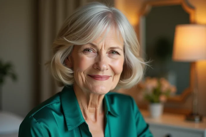 Femme de 70 ans avec un carré court dégradé orné de mèches lumineuses miel et argent, coupe encadrante et sophistiquée