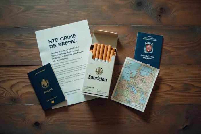Cartouche de cigarettes, passeport européen et formulaire de déclaration douanière française posés sur une table, législation tabac transfrontalier