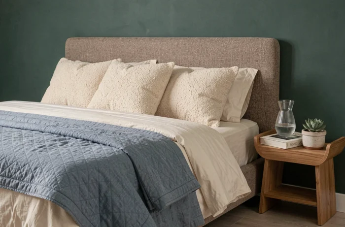 Chambre tendance 2024 avec lit plateforme en lin bleu poussiéreux, tête de lit en bouclé taupe et mur vert profond pour un intérieur élégant et moderne