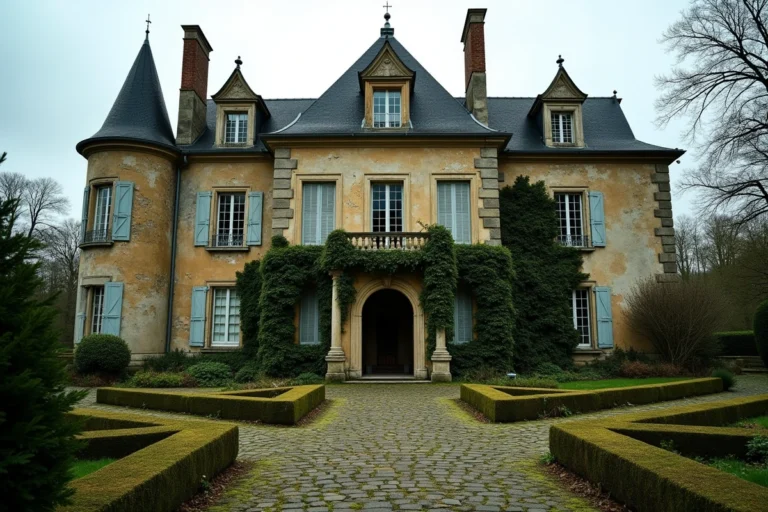 Château français en pierre à vendre à rénover avec jardins envahis et façade couverte de lierre en campagne