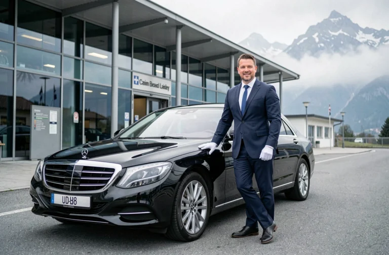 Chauffeur professionnel en costume sombre debout devant une berline noire de luxe à Zurich, service de taxi haut de gamme en Suisse