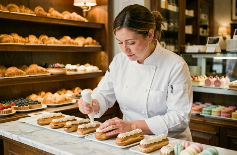 Cheffe pâtissière parisienne décorant des éclairs au chocolat dans une boulangerie artisanale française