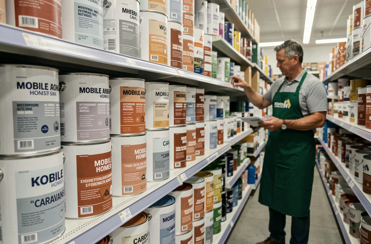 Rayonnage de magasin de bricolage avec des peintures spéciales toiture pour mobil home en blanc gris et terre cuite