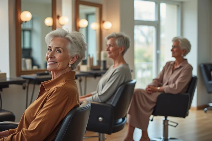 Trois femmes élégantes de plus de 70 ans dans un salon de coiffure chic, chacune arborant une coupe courte différente et tendance