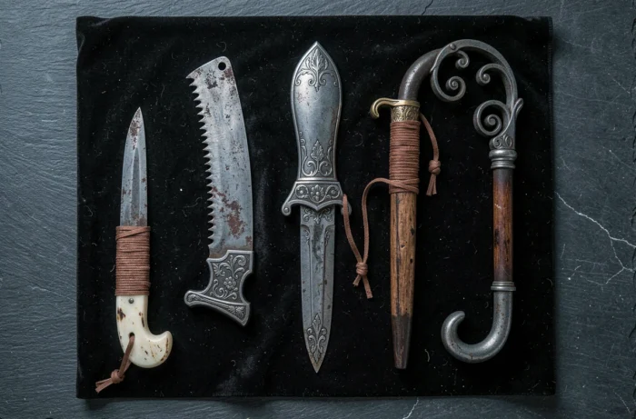 Collection d'armes victoriennesornées en pose à plat sur velours noir, rappelant l'arsenal de chasseur disponible dans Bloodborne