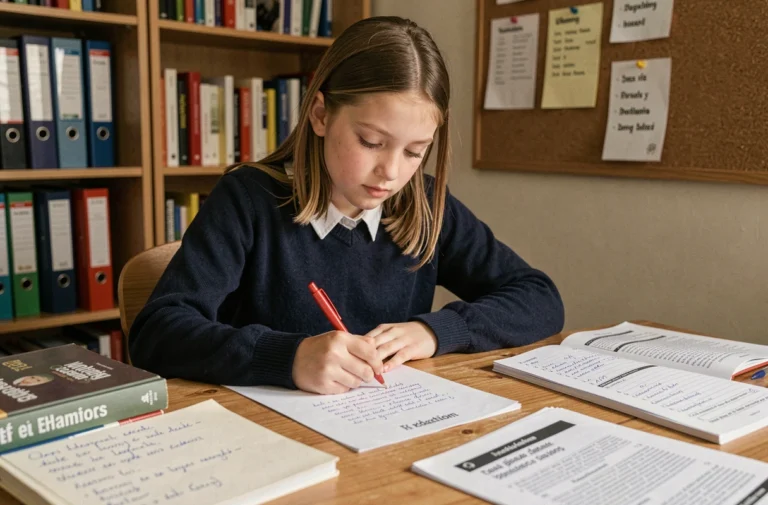 Collégienne de 5ème annotant un sujet de rédaction imprimé en PDF sur son bureau à la maison, entourée de livres scolaires et de fiches de vocabulaire