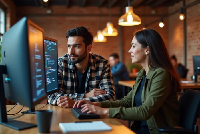 Deux collègues collaborant pour corriger des erreurs sur ZalentraPro dans un espace de coworking moderne