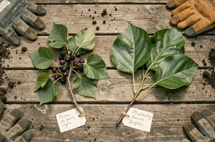 Comparaison de branches de mûrier fruitier et de mûrier platane côte à côte sur une table de jardin en bois, montrant les différences de feuilles et de fruits