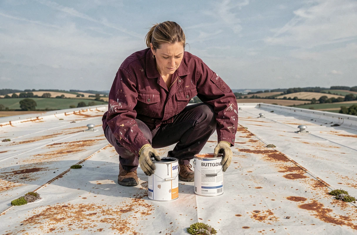 Femme comparant deux pots de peinture pour toiture sur le toit d'un mobil home à rénover avec zones d'oxydation visibles