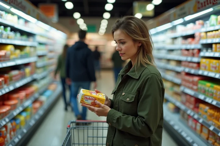 Femme comparant des produits de substitution dans le rayon d'un supermarché Carrefour