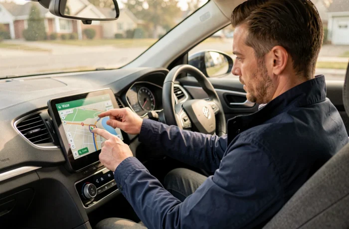 Conducteur utilisant Waze sur l'écran GPS intégré d'une voiture moderne