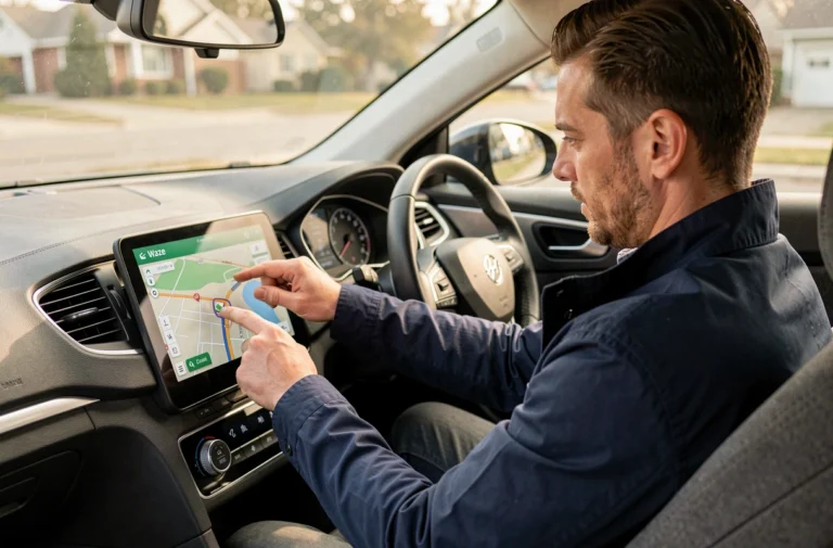 Conducteur utilisant Waze sur l'écran GPS intégré d'une voiture moderne