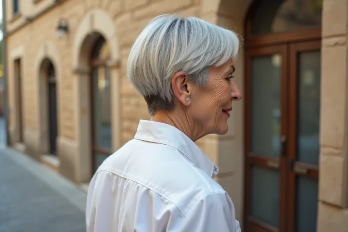 Femme de 70 ans avec une coupe boyish effilée et une nuque dégagée nette, cheveux argent blanc, vue de trois quarts arrière