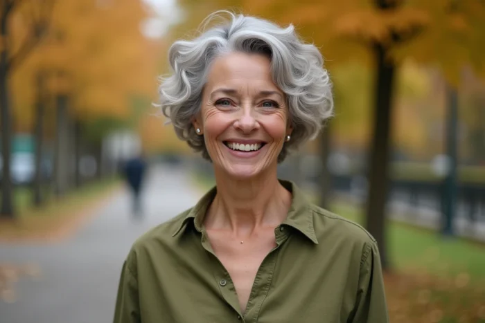 Femme de 70 ans avec une coupe courte effilée sur cheveux naturellement bouclés, boucles argentées et blanches bien définies
