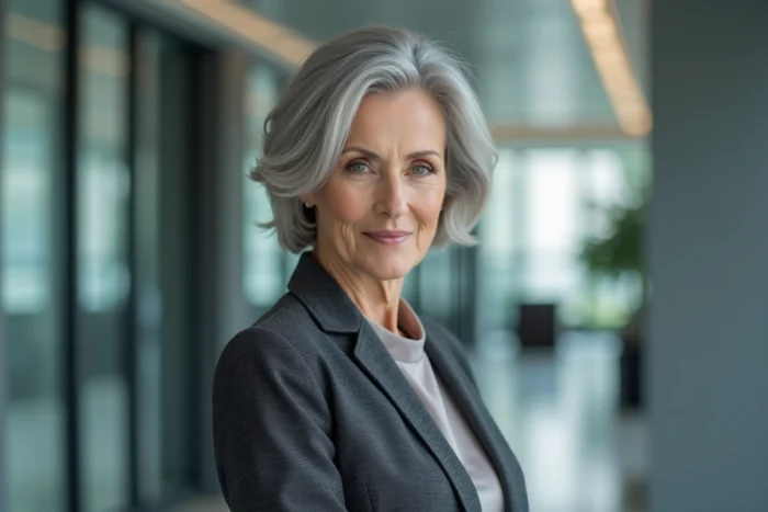 Femme de 70 ans avec une coupe courte texturée et une raie sur le côté bien définie, cheveux argent et gris étain, look soigné et moderne