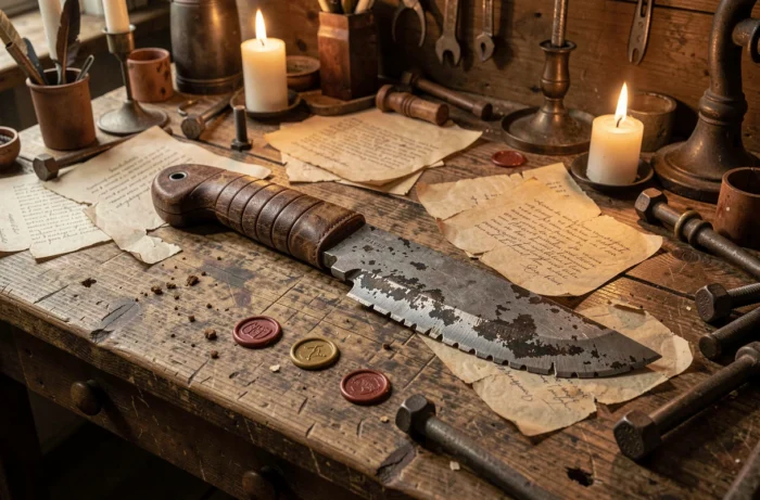 Couperet de chasseur usé posé sur un établi victorien encombré, détails de forge artisanale rappelant les armes emblématiques de Bloodborne