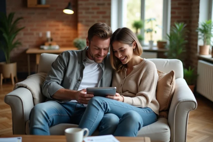 Couple cherchant un bien immobilier ensemble sur une tablette dans leur salon confortable