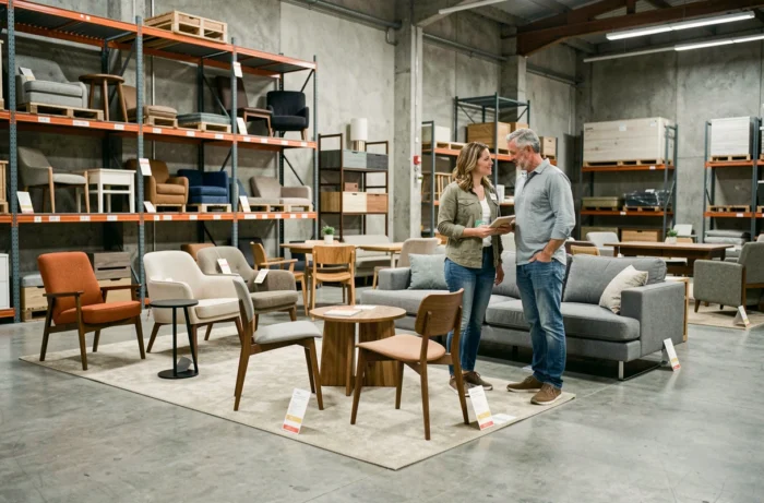 Coppia che esplora mobili di design di alta gamma a prezzo svuotamento in uno showroom con pavimento in cemento