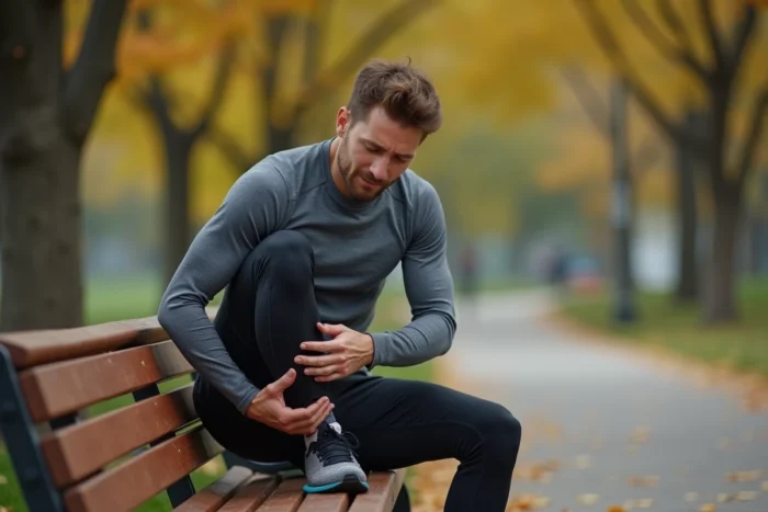 Coureur masculin massant son mollet douloureux assis sur un banc de parc en automne, tenant sa jambe après un effort de course à pied