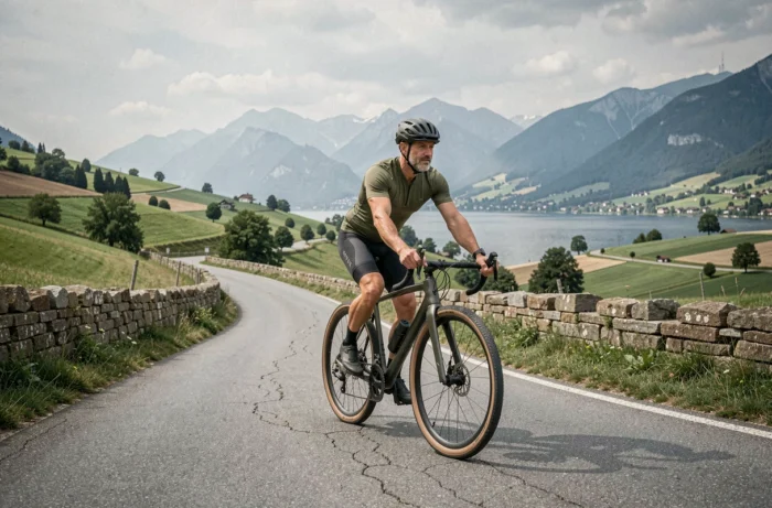 Cycliste sur route en gravier longeant les collines verdoyantes près du lac Léman en Suisse