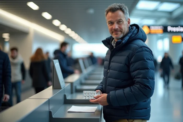 Homme déclarant du paracétamol à la douane de l'aéroport d'Oslo en Norvège