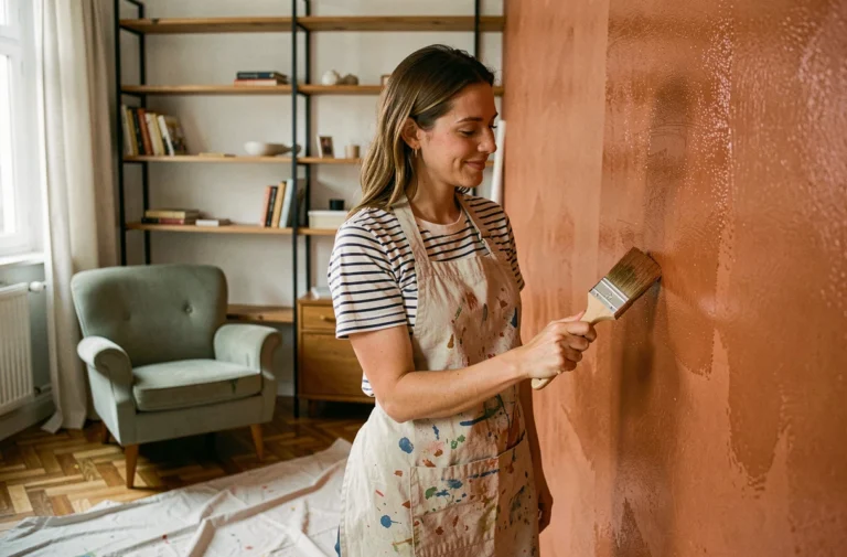 Femme décorant un mur en terracotta dans un salon avec des éléments de style mid-century pour transformer sa maison facilement