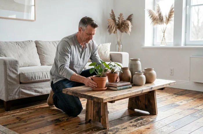 Homme arrangeant des plantes et objets décoratifs sur une table basse en bois dans un appartement scandinave pour décorer son intérieur