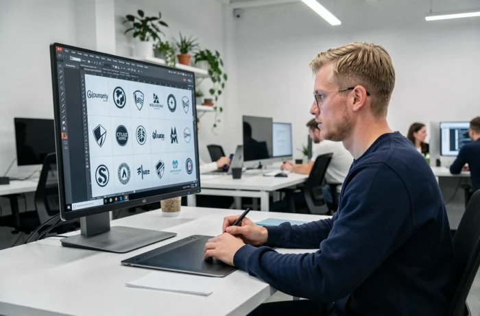 Designer utilisant Adobe Illustrator sur écran 4K pour concevoir des concepts de logo dans un espace de coworking moderne