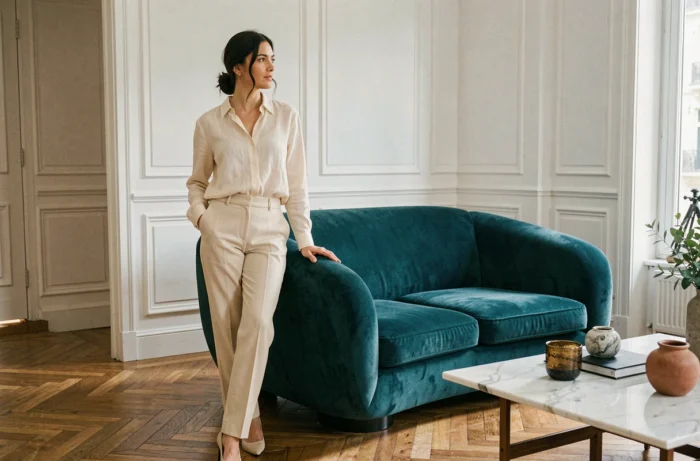 Femme admirant un canapé design Roche Bobois en velours sarcelle dans un appartement parisien au sol en parquet chêne