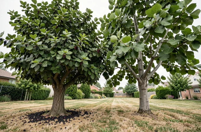 Groothoekzicht op twee moerbeien naast elkaar in een tuin, die de visuele verschillen tussen de fruitmoerbe met donkere bessen en de platanenmoerbe met grote gladde bladeren illustreert