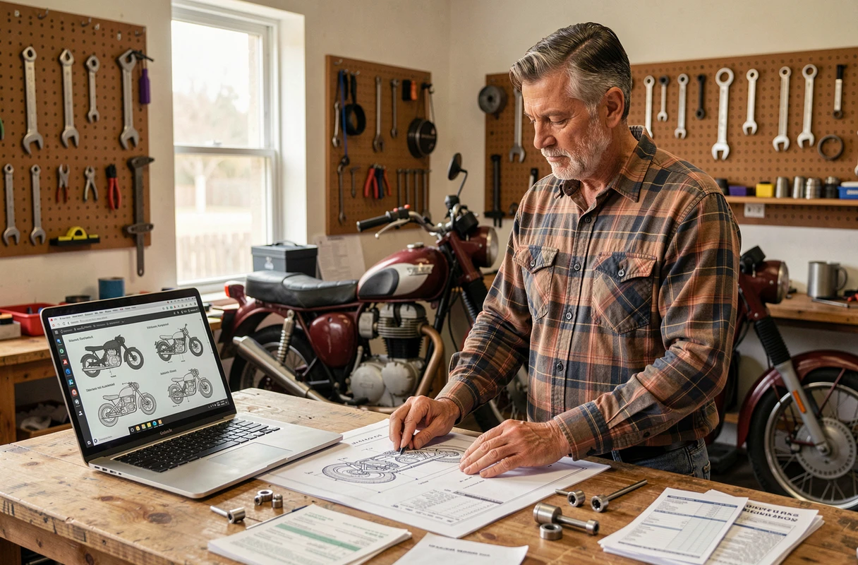 Propriétaire de moto consultant des devis et plans pour estimer le coût d'une conversion en trike