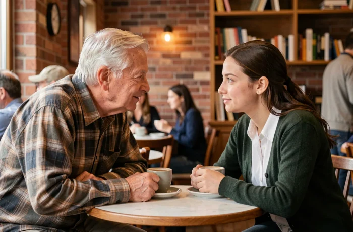 Een oudere man en een jonge vrouw in een oprechte conversatie in een café, die wederzijdse steun en menselijke banden illustreren als fundamenten van veerkracht
