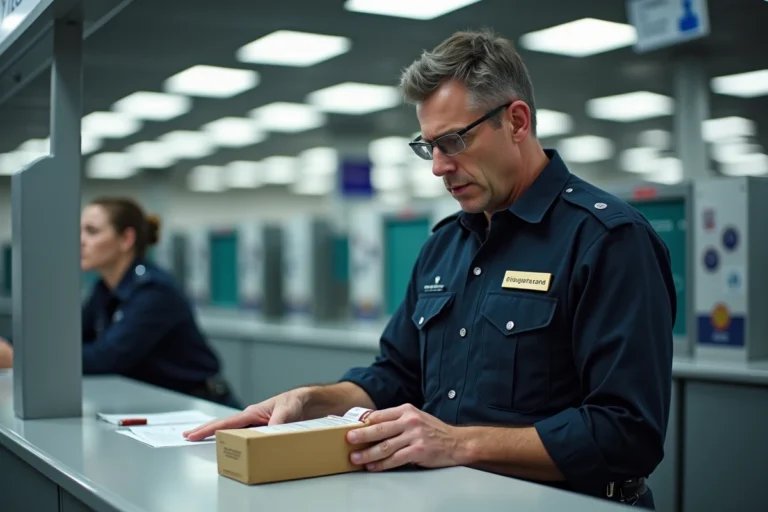 Agent des douanes français inspectant une cartouche de cigarettes à un poste frontière, contrôle douanier réglementaire en 2024